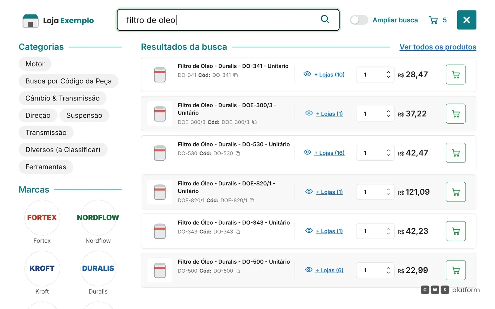 Busca do portal de demonstração digitando filtro de óleo, com sugestões de categorias, marcas e produtos com preço