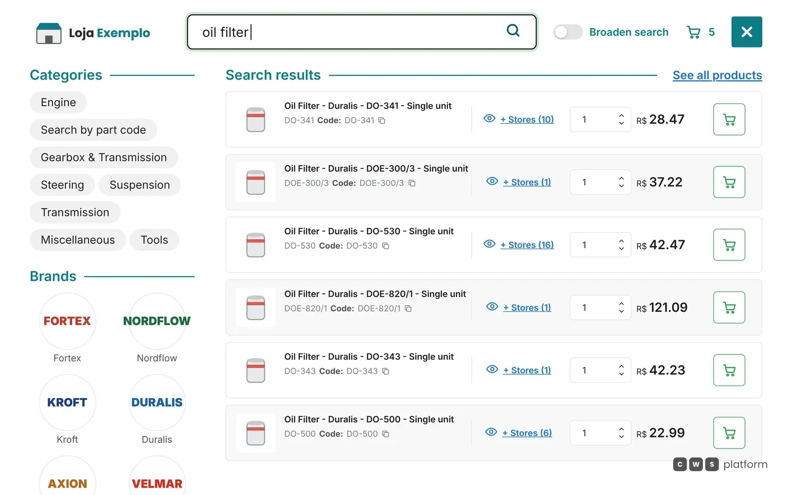 Demo portal search typing oil filter, with suggested categories, brands and priced products