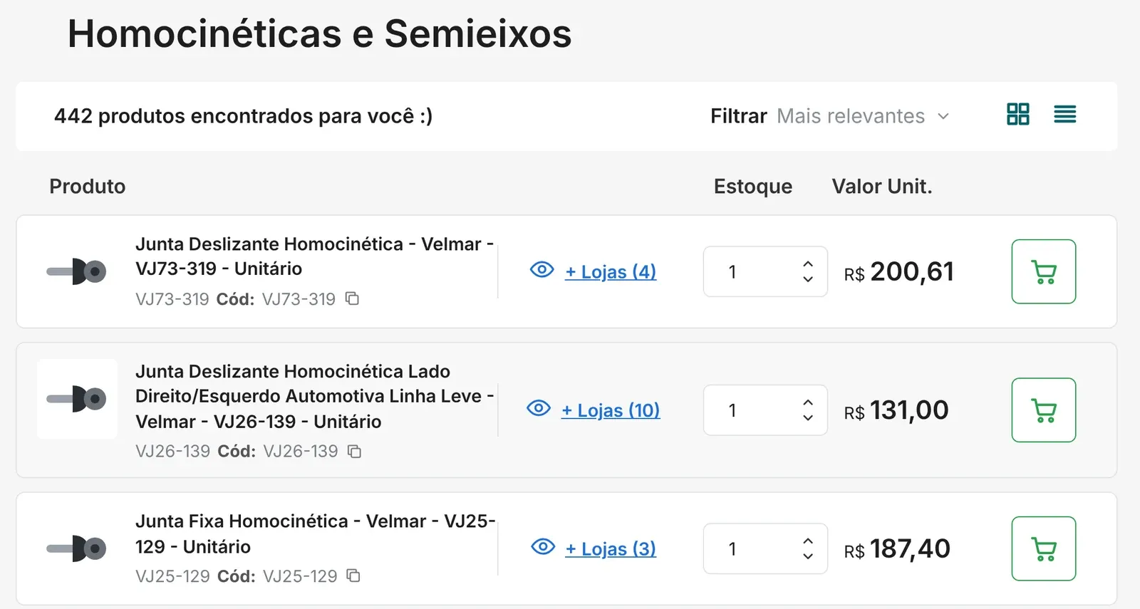Catálogo do portal de demonstração com o número de lojas que vendem cada produto, quantidade, preço e carrinho