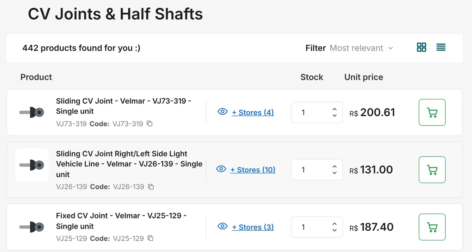 Demo portal catalog with the number of stores selling each product, quantity, price and cart