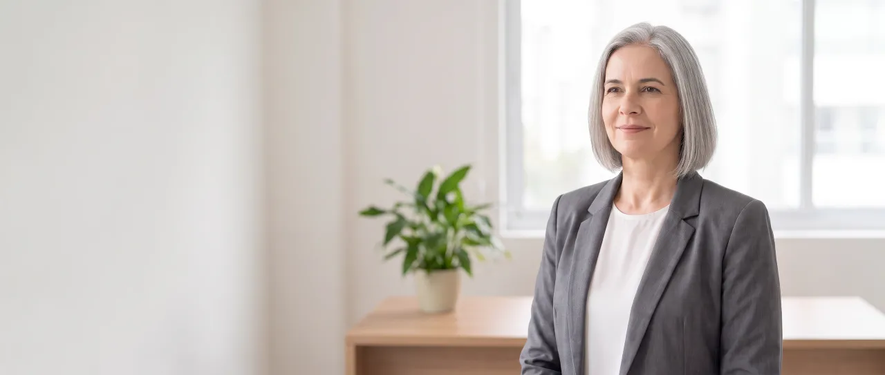 CEO de cabelo prateado e blazer grafite sorri, serena, no escritório dela, com mesa lisa, uma planta e janela de luz difusa desfocadas ao fundo, de dia.