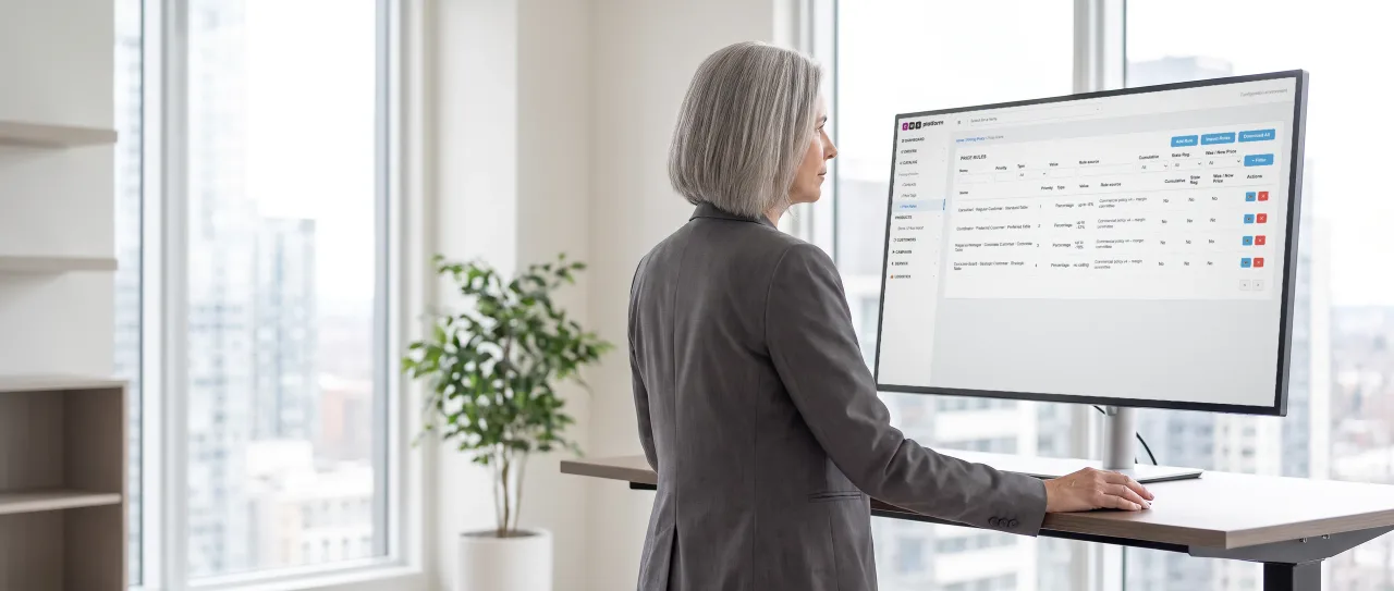 Silver-haired CEO at a standing desk in an office with a city view looks at the monitor; the screen shows price rules in the CWS Platform back office.