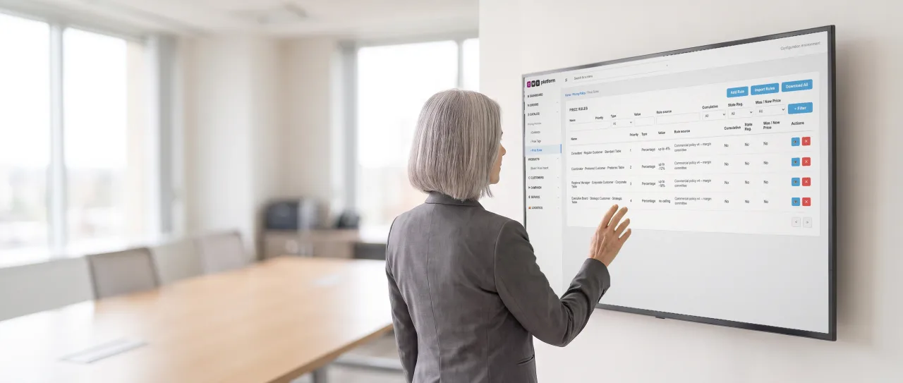 Silver-haired CEO in a graphite blazer beside a large screen in a meeting room; the screen shows price rules in the CWS Platform back office.