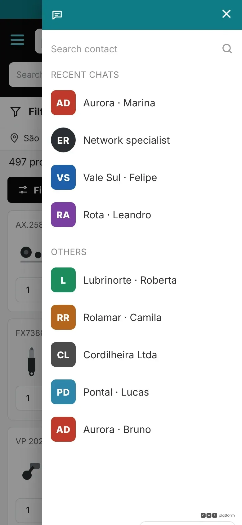 Demo portal mobile chat panel with the sales reps of each distributor