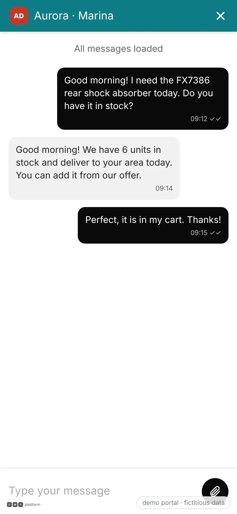 Demo portal chat where the sales rep confirms stock and the buyer closes through the cart