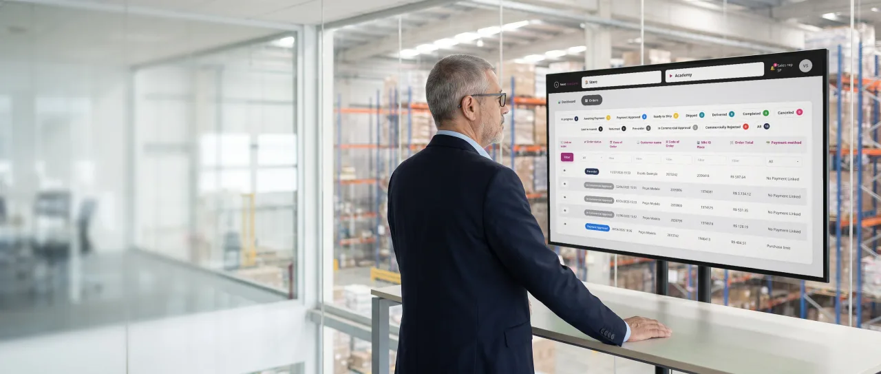 Commerce Director with glasses and a navy blazer, standing on a distribution center mezzanine, looking at a monitor; the screen shows the orders dashboard by status.