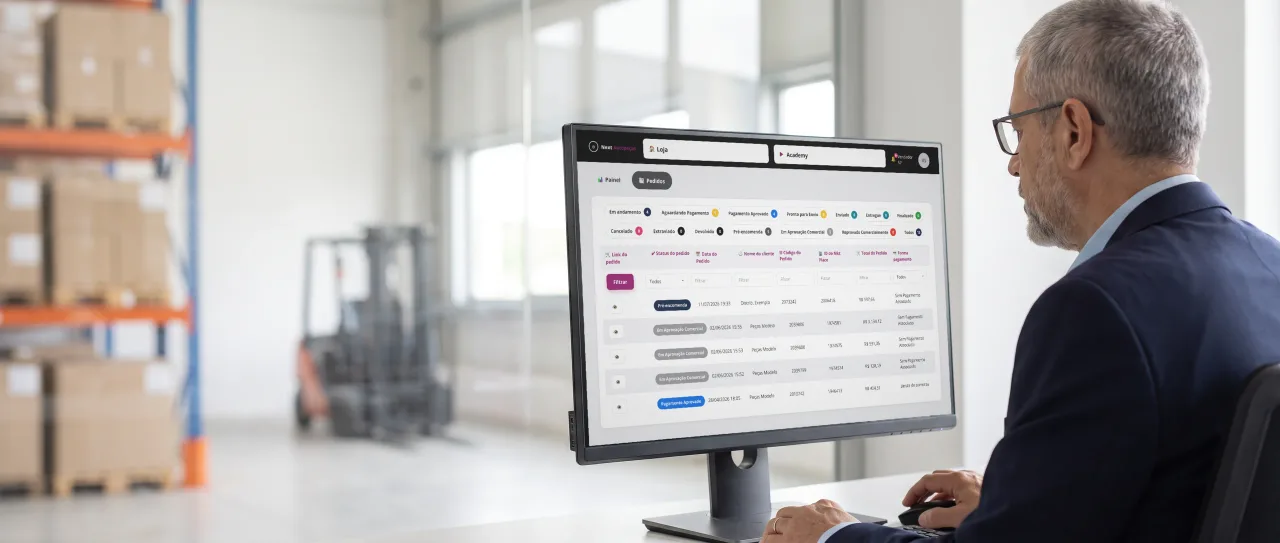 Diretor de Commerce de óculos, sentado no escritório de um centro de distribuição, olha o monitor; a tela mostra o painel de pedidos por status.