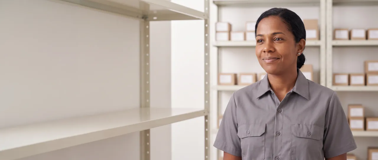 Compradora de uniforme cinza e cabelo preso em coque sorri, tranquila, no almoxarifado de peças claro da oficina, com prateleiras de caixinhas lisas ao fundo.