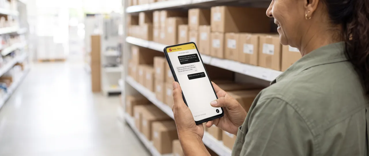 Buyer types on her phone between parts shelves; the screen shows a chat with a distributor's sales rep on Pirelli Conecta.
