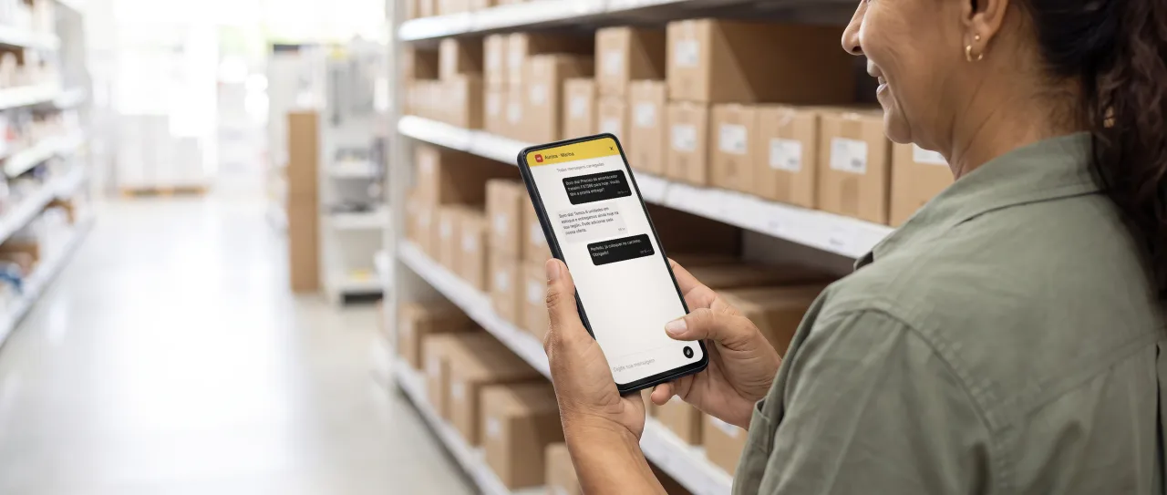 Compradora digita no celular entre prateleiras de peças; a tela mostra a conversa com o vendedor de um distribuidor no Pirelli Conecta.