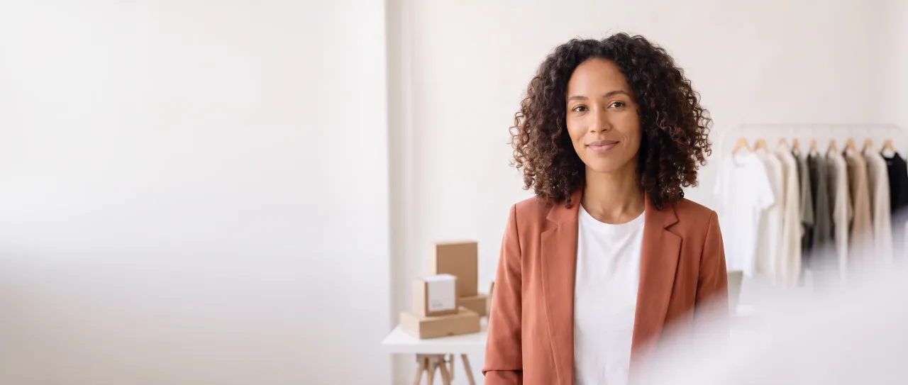 Diretora de marketing sorri, tranquila, num estúdio claro da marca, com uma arara de roupas sem etiqueta e caixas de produto ao fundo, à luz do dia.