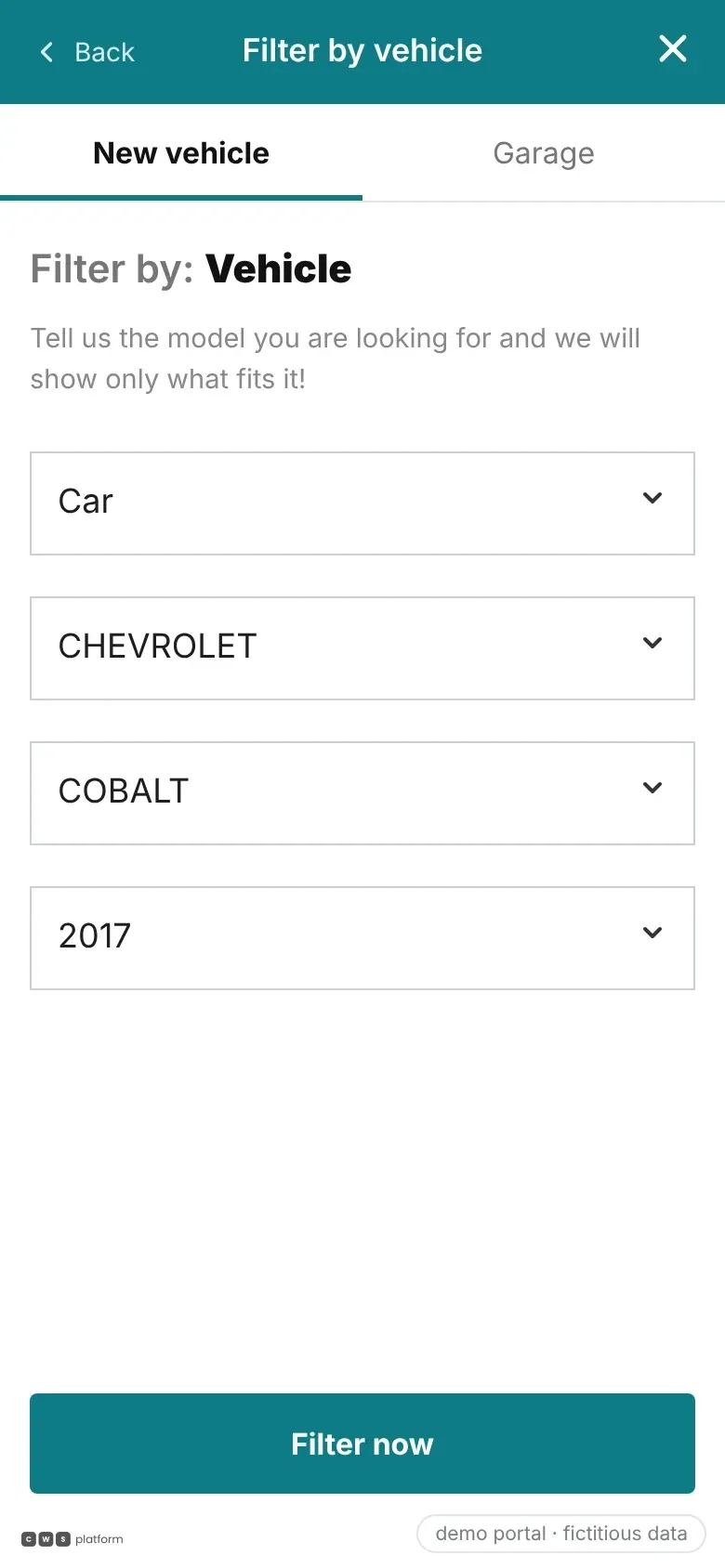 Demo portal mobile screen to pick the vehicle with four selectors: type, make, model and year