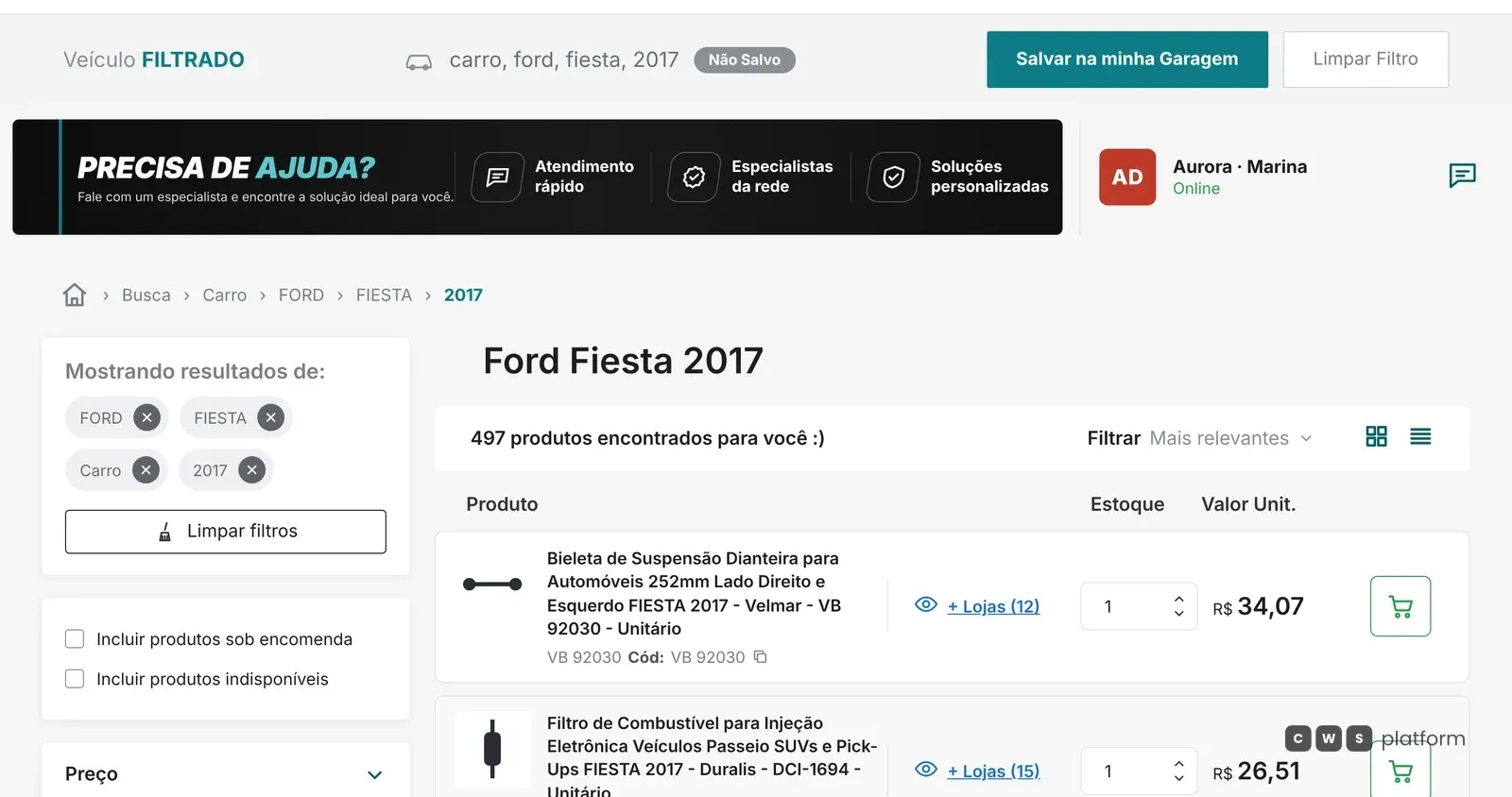Portal de demonstração mostrando o catálogo filtrado para um Ford Fiesta 2017, com a opção de salvar o veículo na garagem e só as peças compatíveis