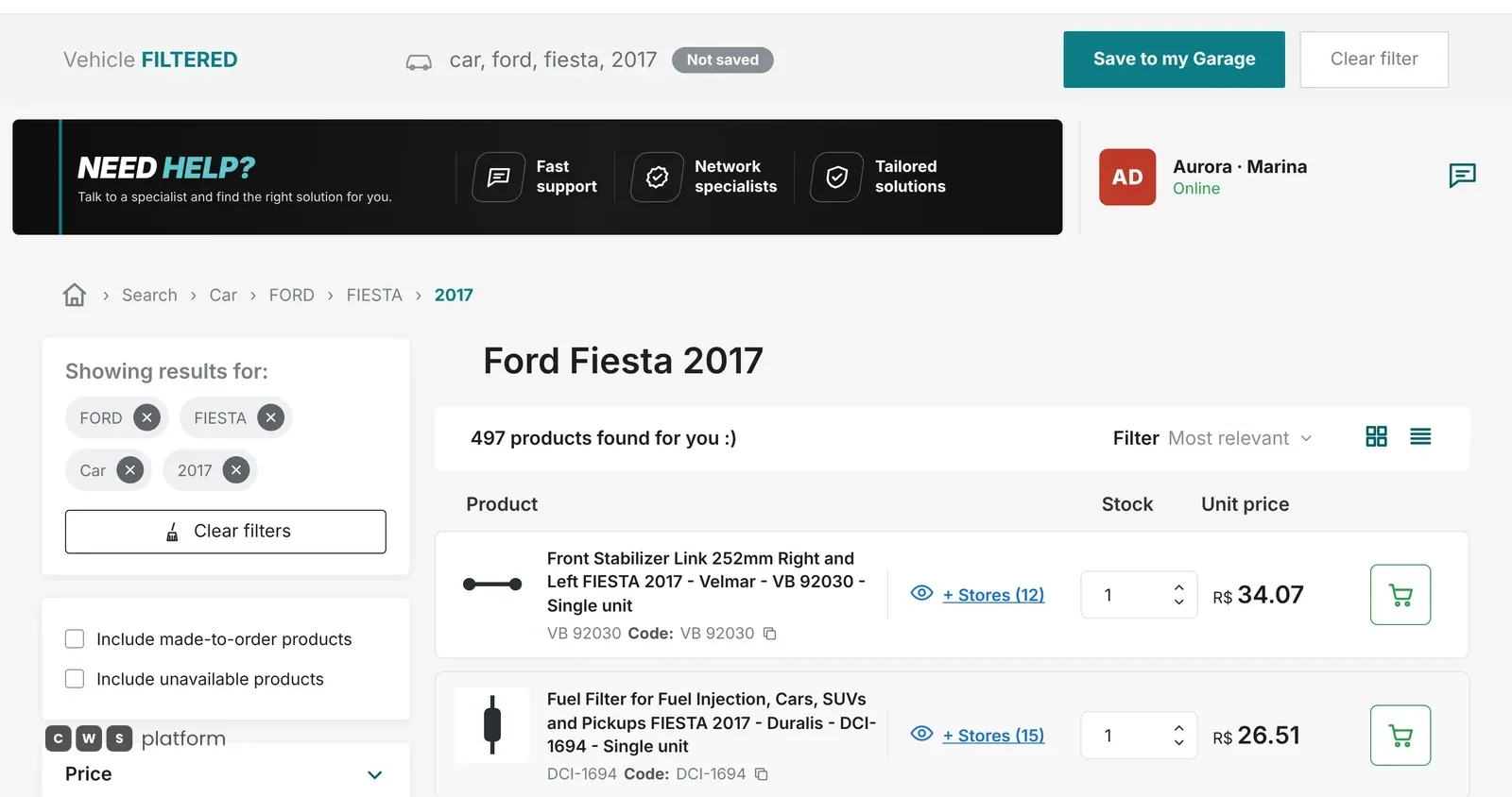 Demo portal showing the catalog filtered for a 2017 Ford Fiesta, with the option to save the vehicle to the garage and only compatible parts
