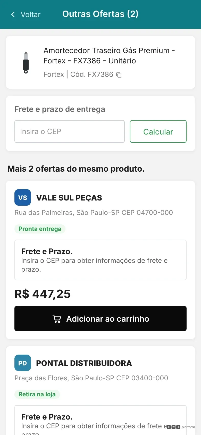 Tela de celular do portal de demonstração com o mesmo produto oferecido por dois vendedores, cada um com condição de entrega, preço e botão de compra