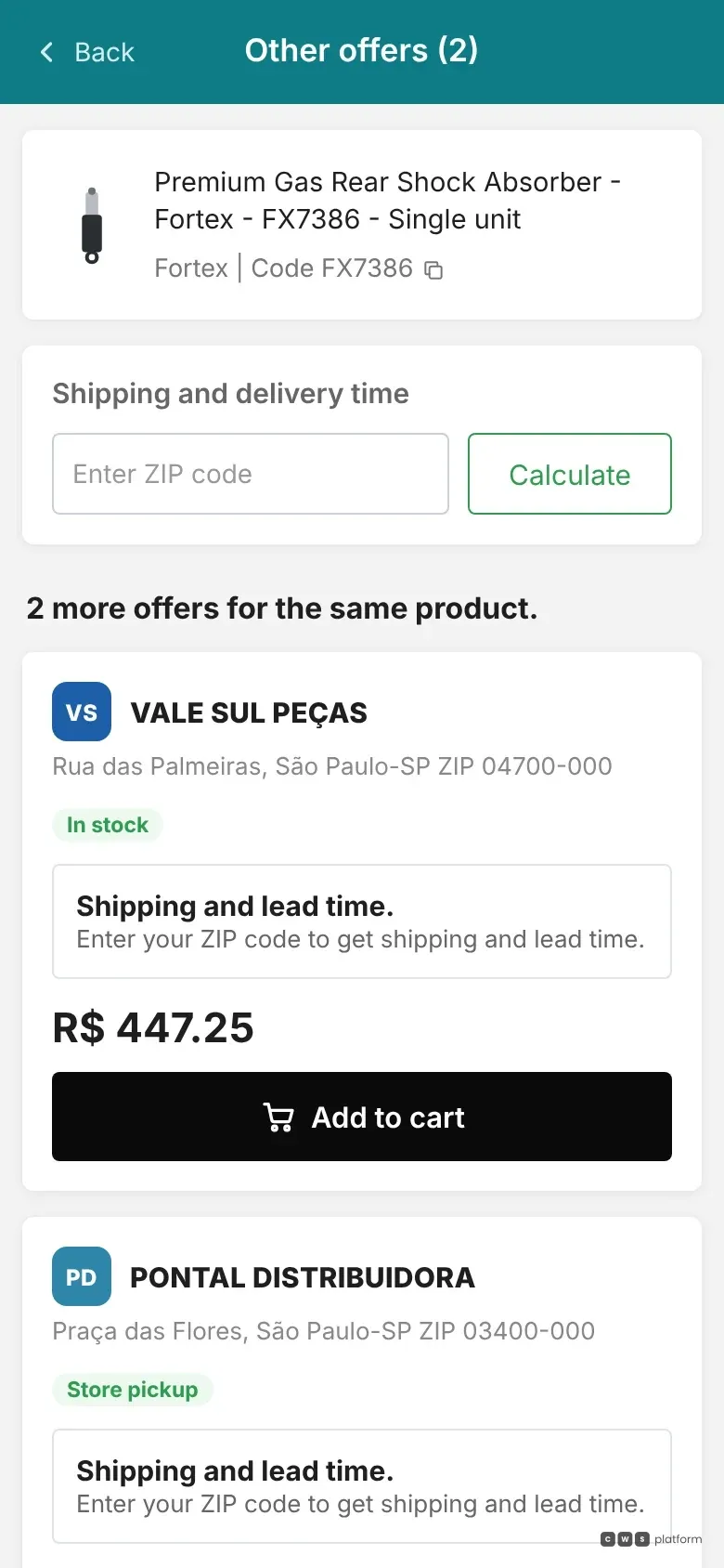 Demo portal mobile screen with the same product offered by two sellers, each with delivery terms, price and buy button