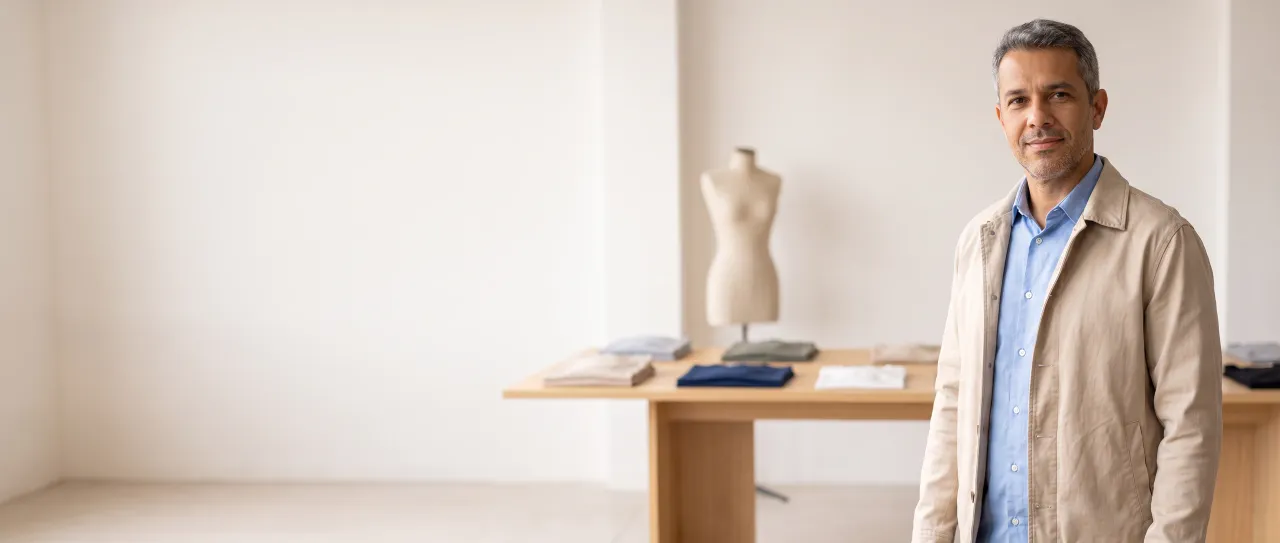 Representante comercial de moda sorri satisfeito no showroom claro da marca, com uma mesa de peças lisas dobradas e um manequim desfocados ao fundo.