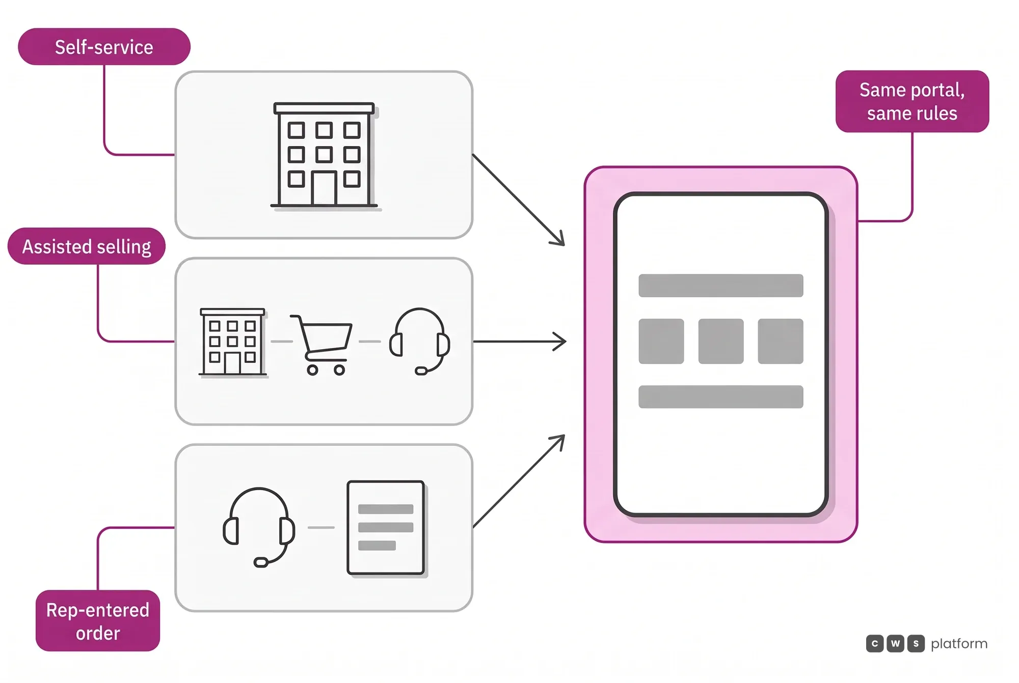 Flow with three sales journeys, self-service, assisted selling and rep-entered order, all converging on one portal with the same rules.
