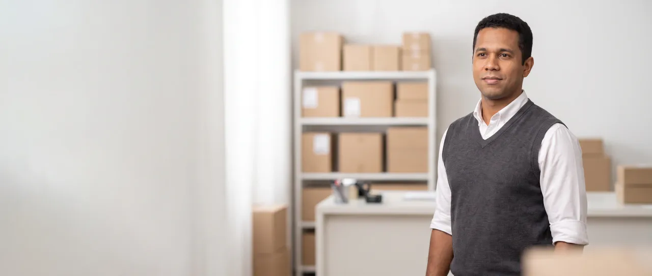 Vendedor de uma distribuidora, de camisa branca e colete cinza, sorri tranquilo perto da área de expedição, com prateleiras de volumes embalados desfocadas.