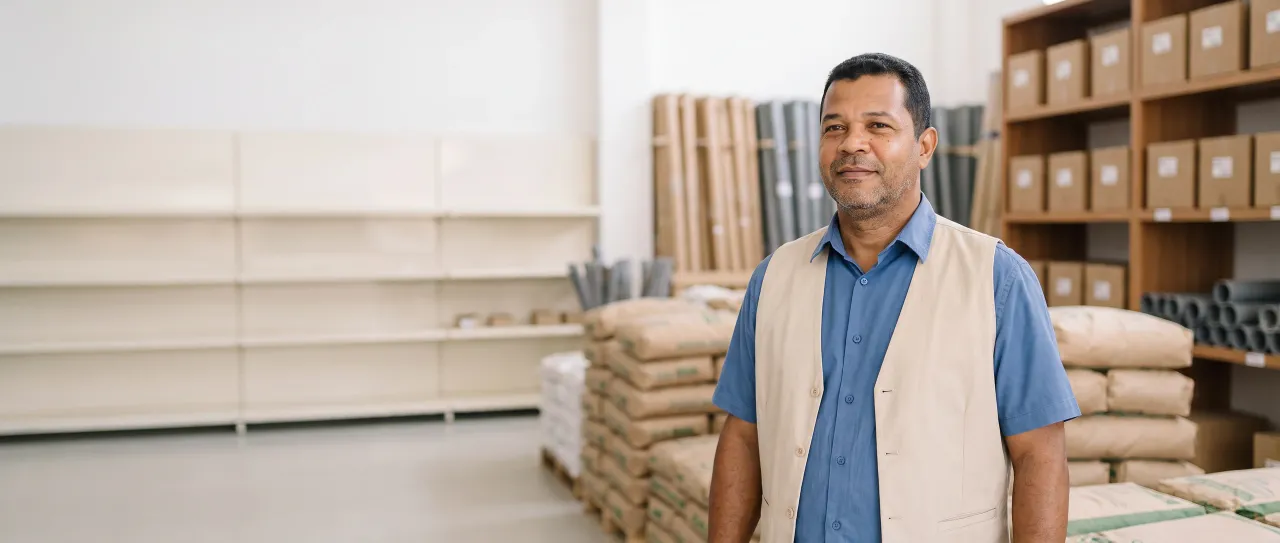 Vendedor de materiais de construção, de colete bege, sorri tranquilo no corredor da loja, com pilhas de sacos e tubos sem marca desfocados ao fundo, de dia.