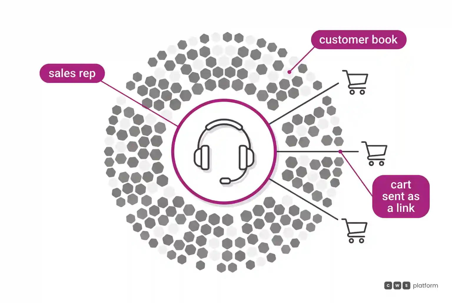 A sales rep at the centre of a mosaic that stands for the customer book, sending carts as links.