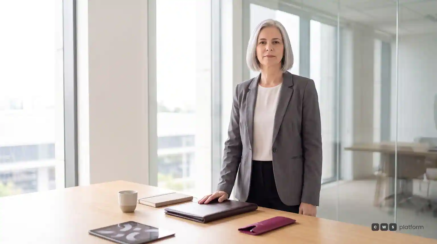 Diretora-presidente de pé à mesa de uma sala de reunião envidraçada