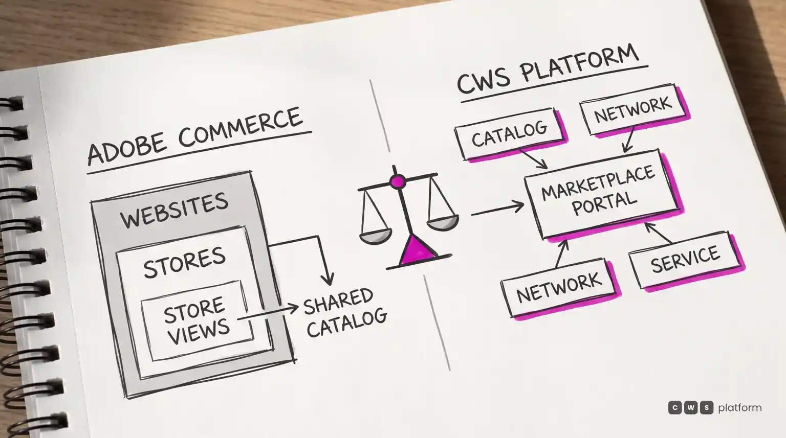 Comparação das arquiteturas Adobe Commerce e CWS Platform para um marketplace de concessionárias.