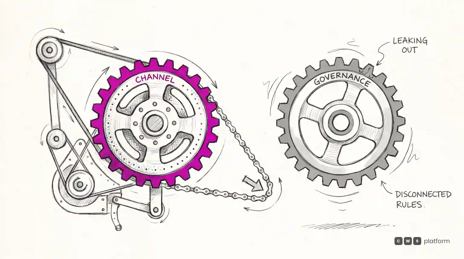 Sketch of a spinning Channel gear disconnected from a Governance gear, labeled leaking out and disconnected rules