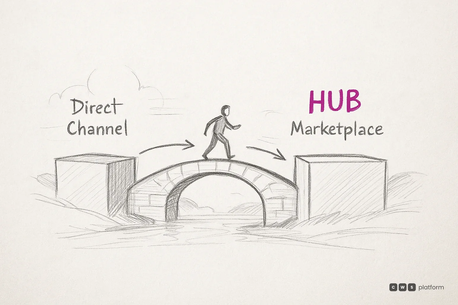 Diagrama mostrando marketplace como ponto de entrada de demanda e canal próprio como onde a margem é construída, conectados por setas de jornada do comprador B2B