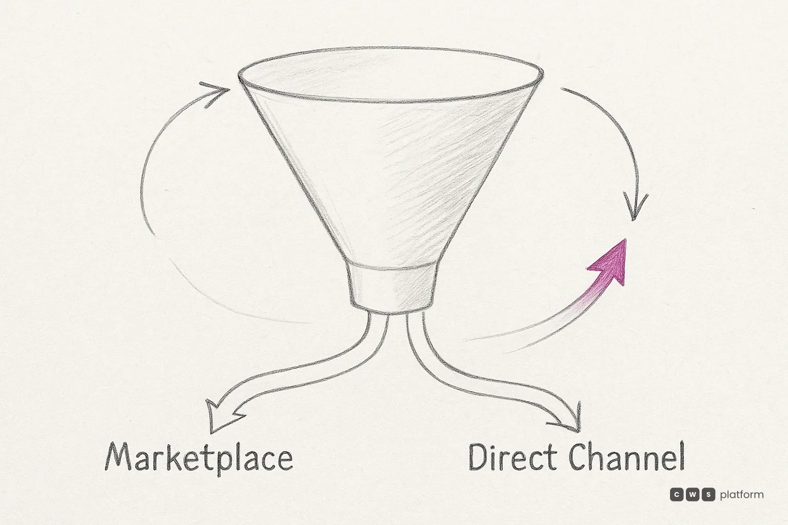 Sketched funnel splits demand into Marketplace and Direct Channel paths, with an arrow looping upward.