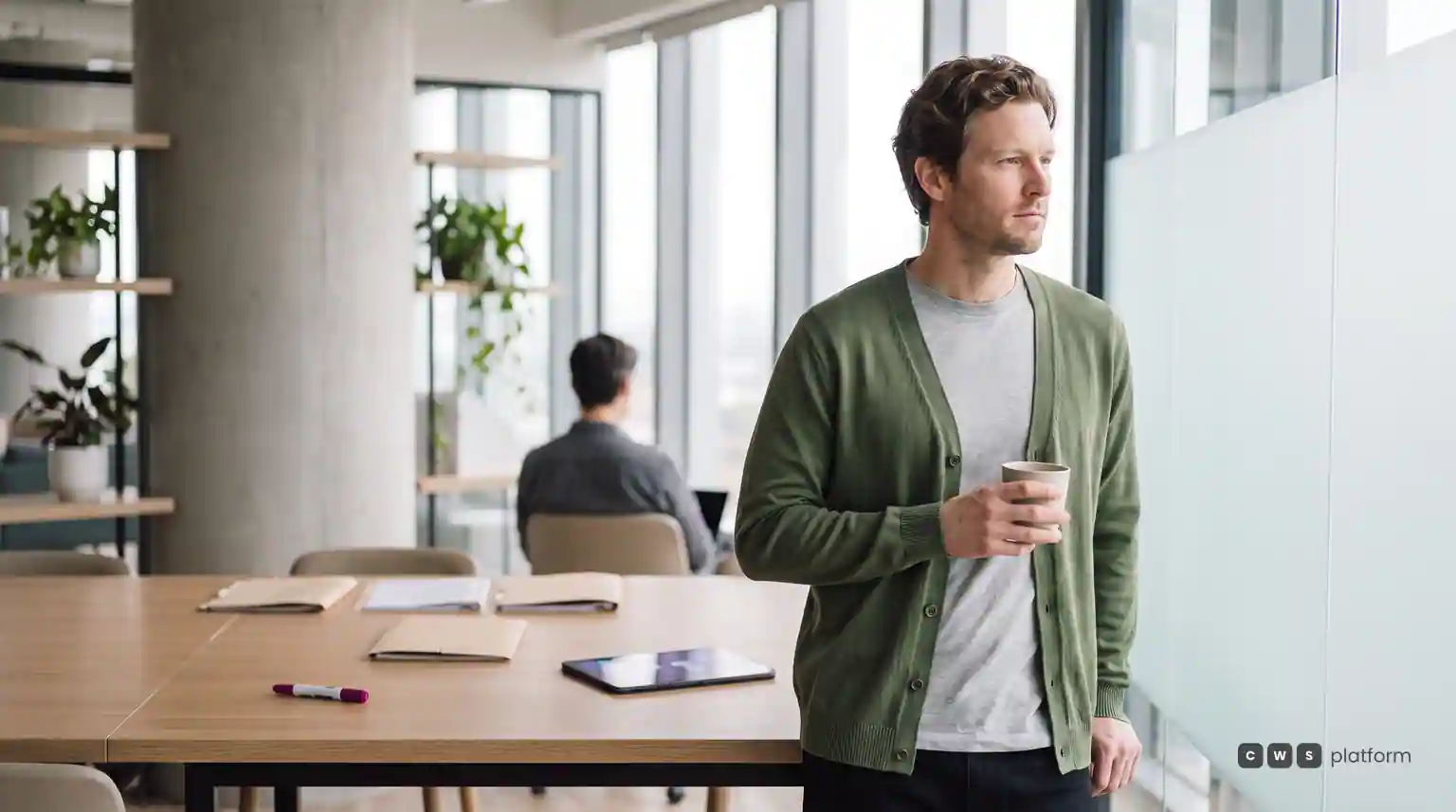 Diretor de tecnologia segurando um café junto a uma parede de vidro no escritório.