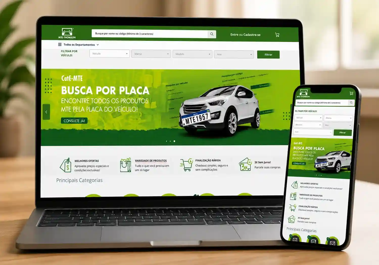 Site da Loja MTE-THOMSON exibido em notebook e celular com busca de produtos por placa do veículo