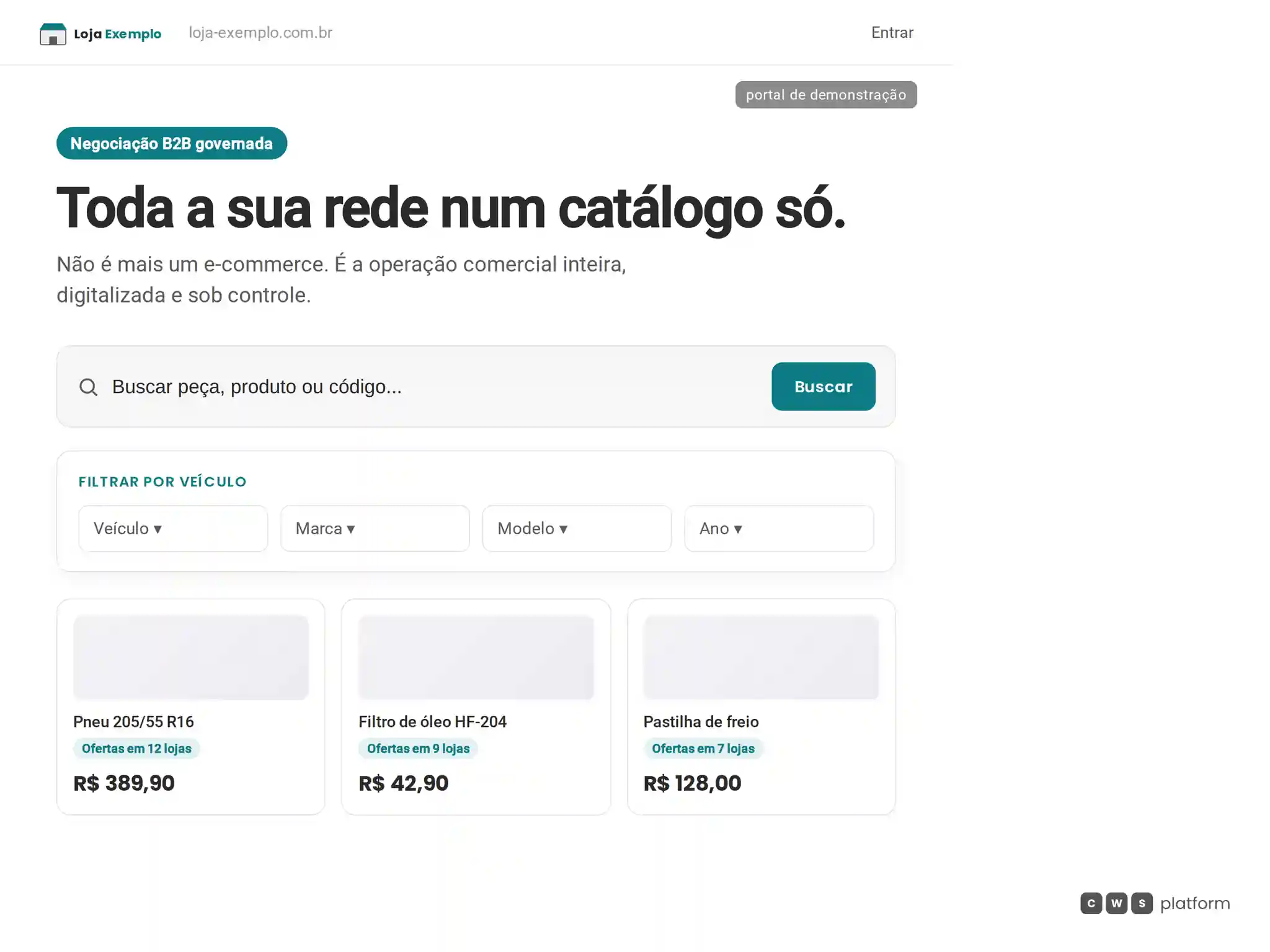 Hero de vitrine B2B com busca, filtro por veículo e seleção de loja