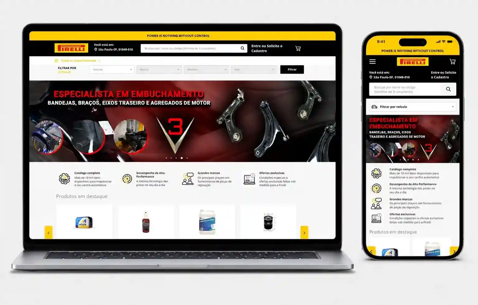 Laptop and smartphone display the Pirelli B2B platform homepage with product filters and featured items for dealers