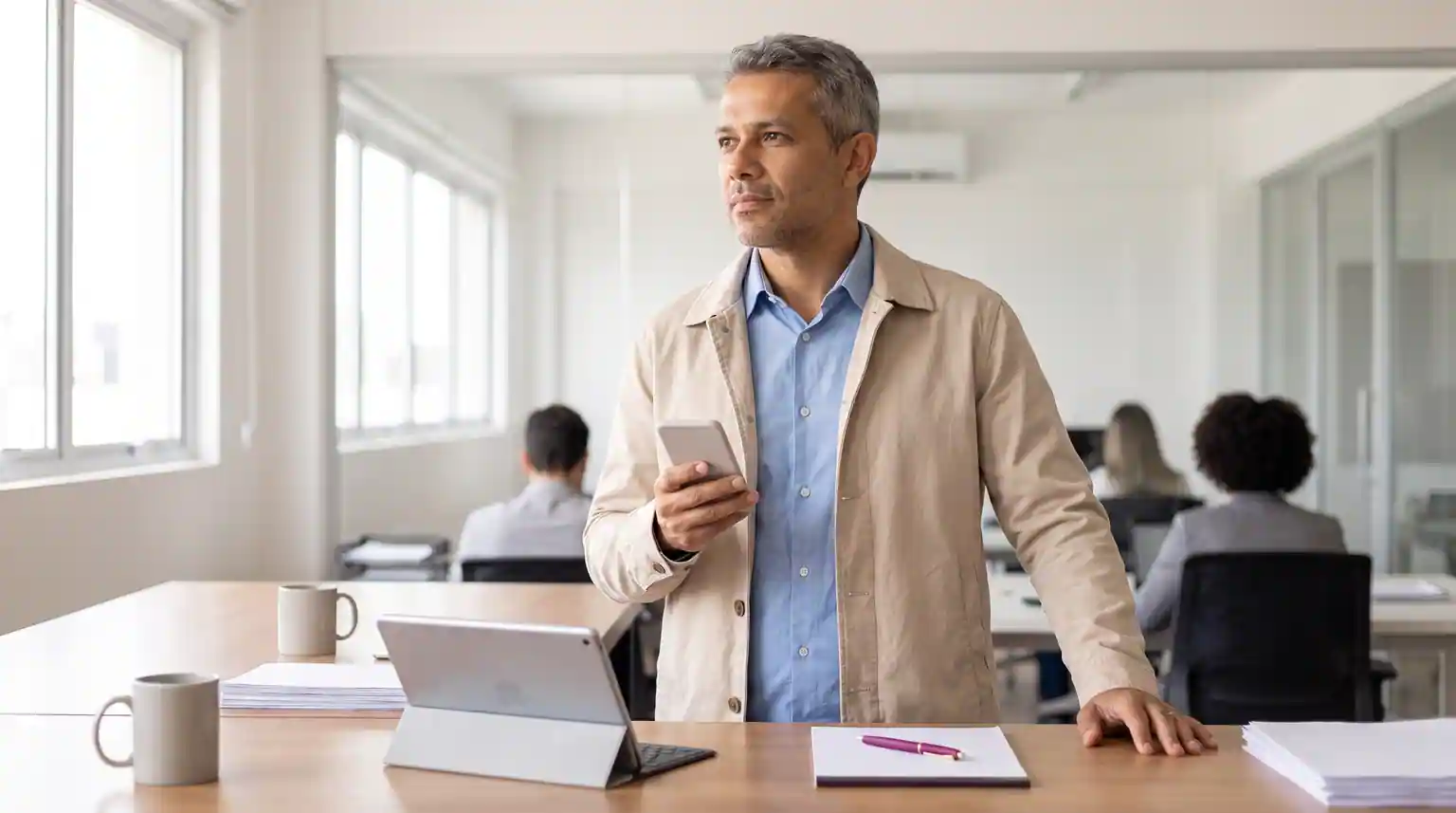 Representante comercial de uma distribuidora, de pé no escritório, olhando para o lado com o celular na mão