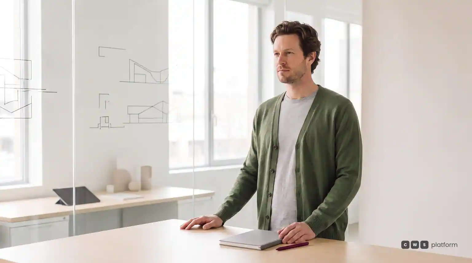 Líder de tecnologia em pé diante de uma mesa alta, em um escritório claro com divisórias de vidro, avaliando a arquitetura da plataforma.