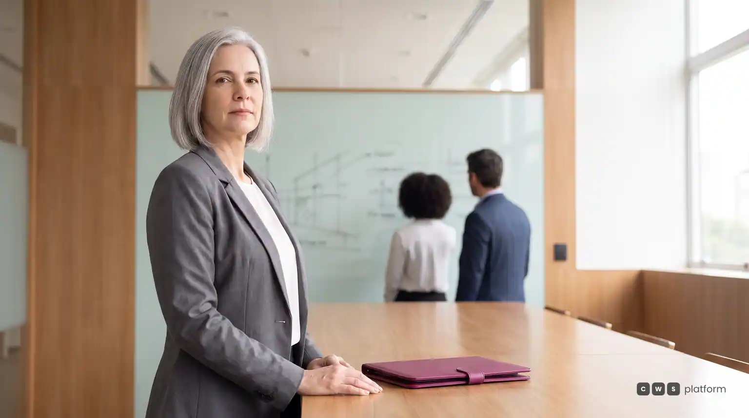 Executiva em pé ao lado da mesa de reunião, com dois colegas ao fundo discutindo um diagrama no quadro.