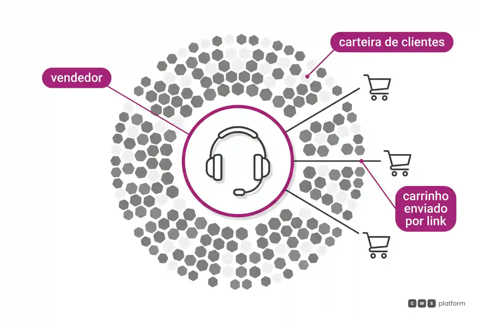 Um vendedor no centro de um mosaico que representa a carteira de clientes, enviando carrinhos por link.